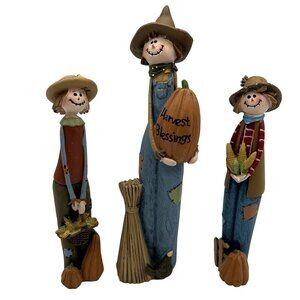 Harvest Blessings RARE Vintage Scarecrow Pencil Figurine Set Folk Art Fall Decor